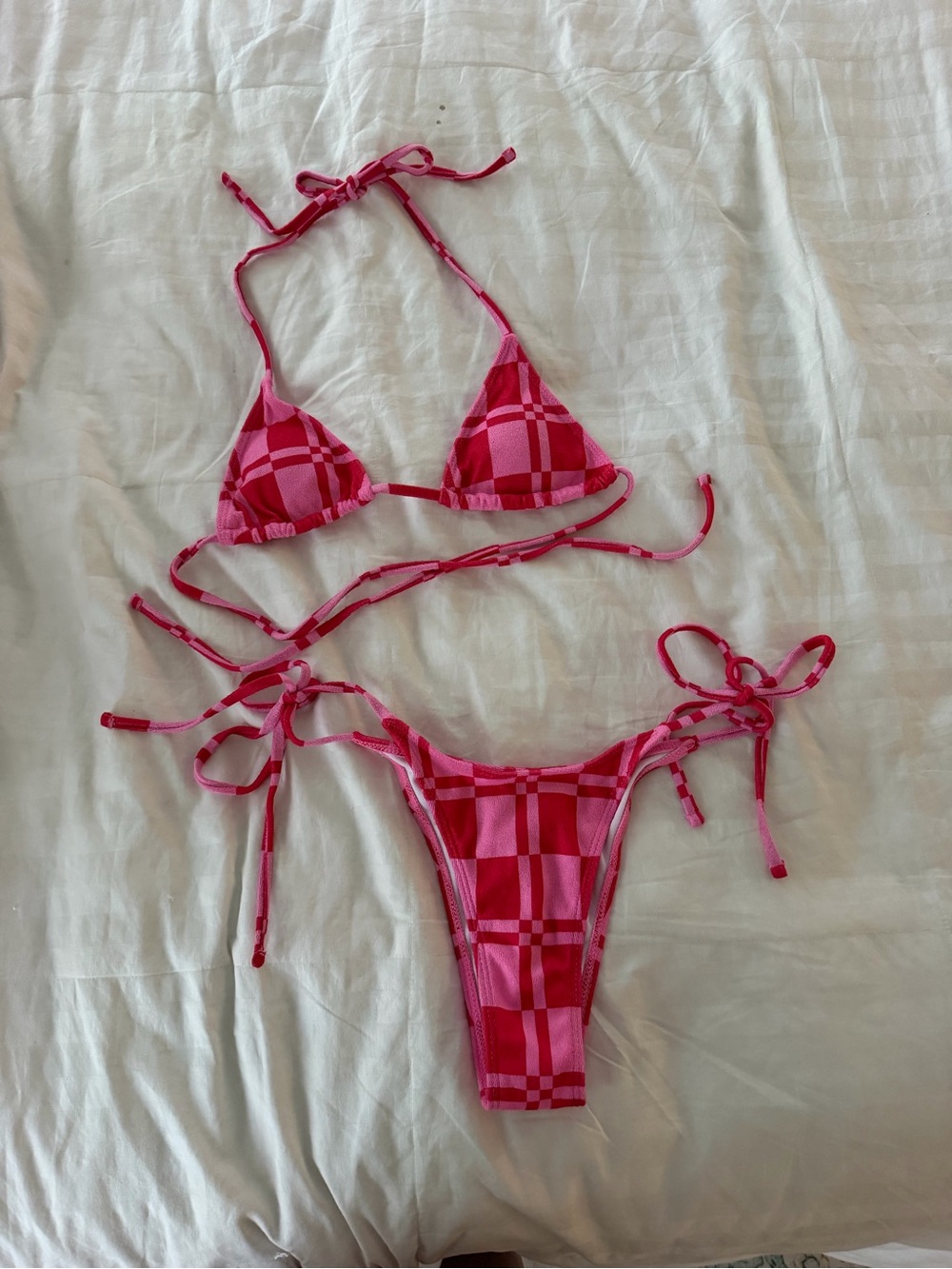 NWOT Pink Plaid Tie-Side Triangle Bikini Set